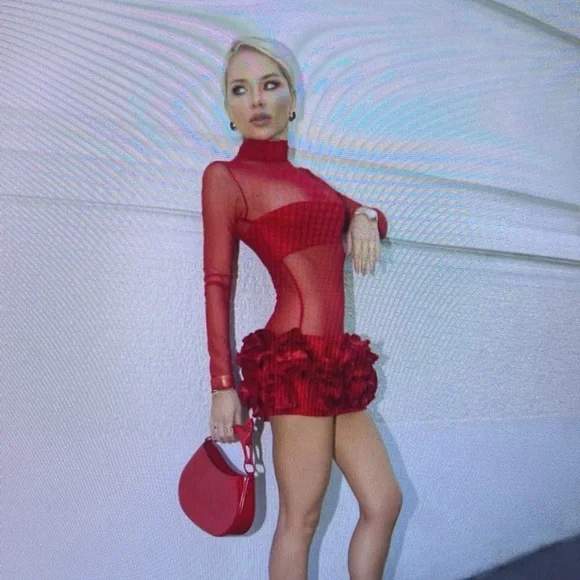 Red Ruffled Bodycon Dress with Long Sleeves